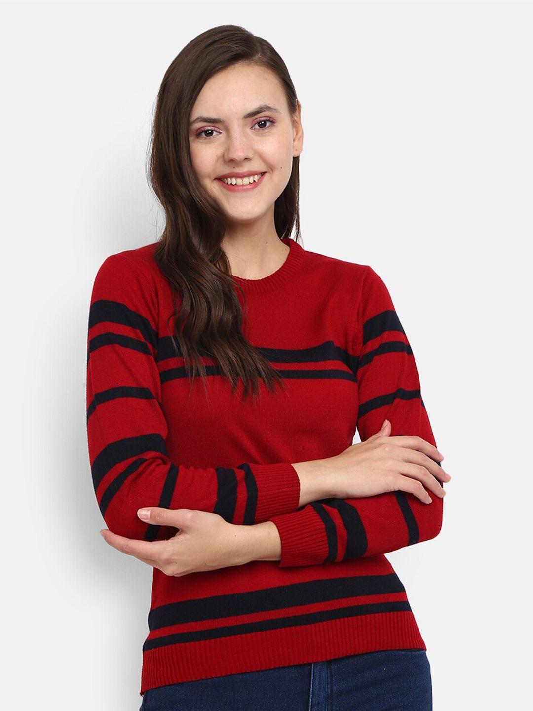 v-mart women red & black striped round neck pullover