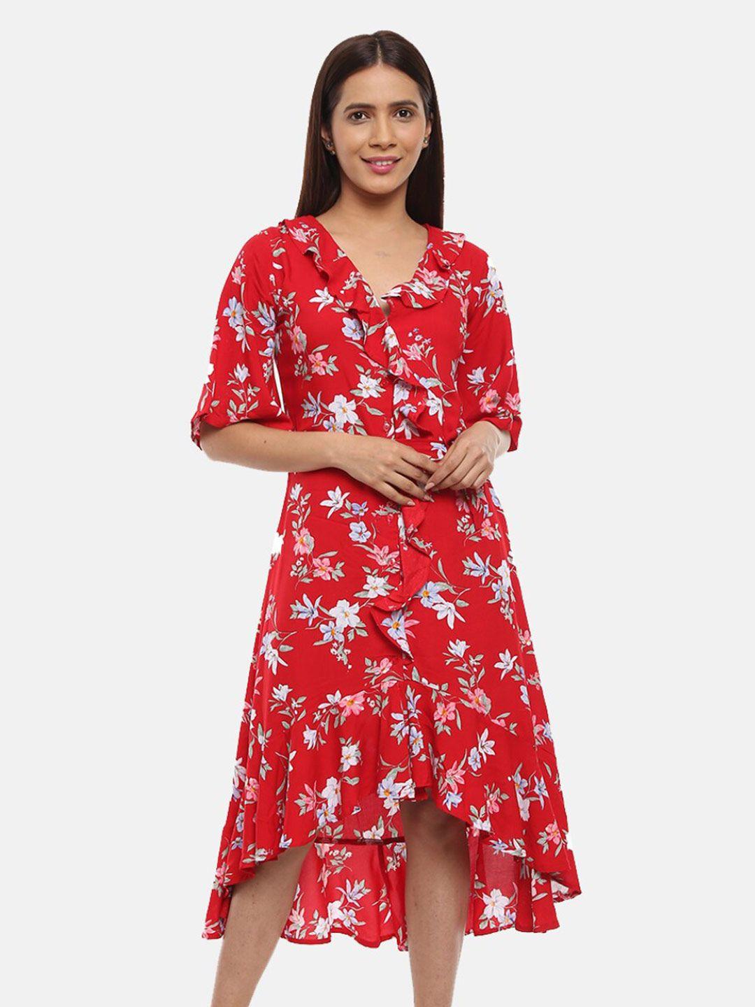 v-mart women red & white floral printed fit & flare dress