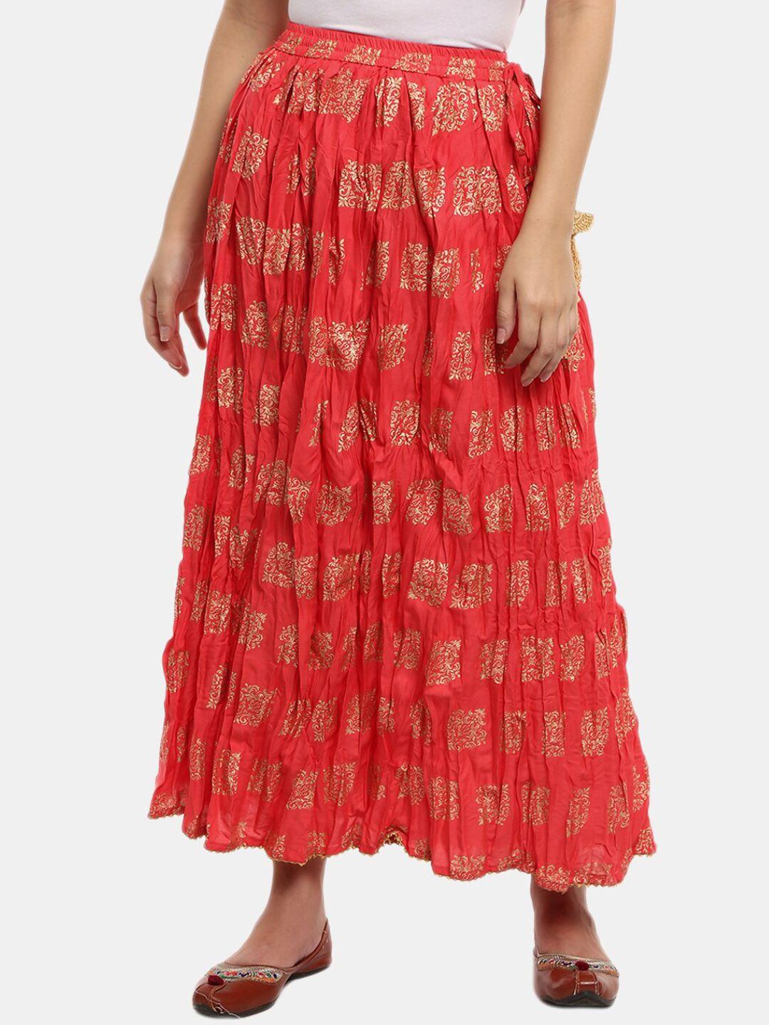 v-mart women red-colored & silver-toned printed flared maxi skirt