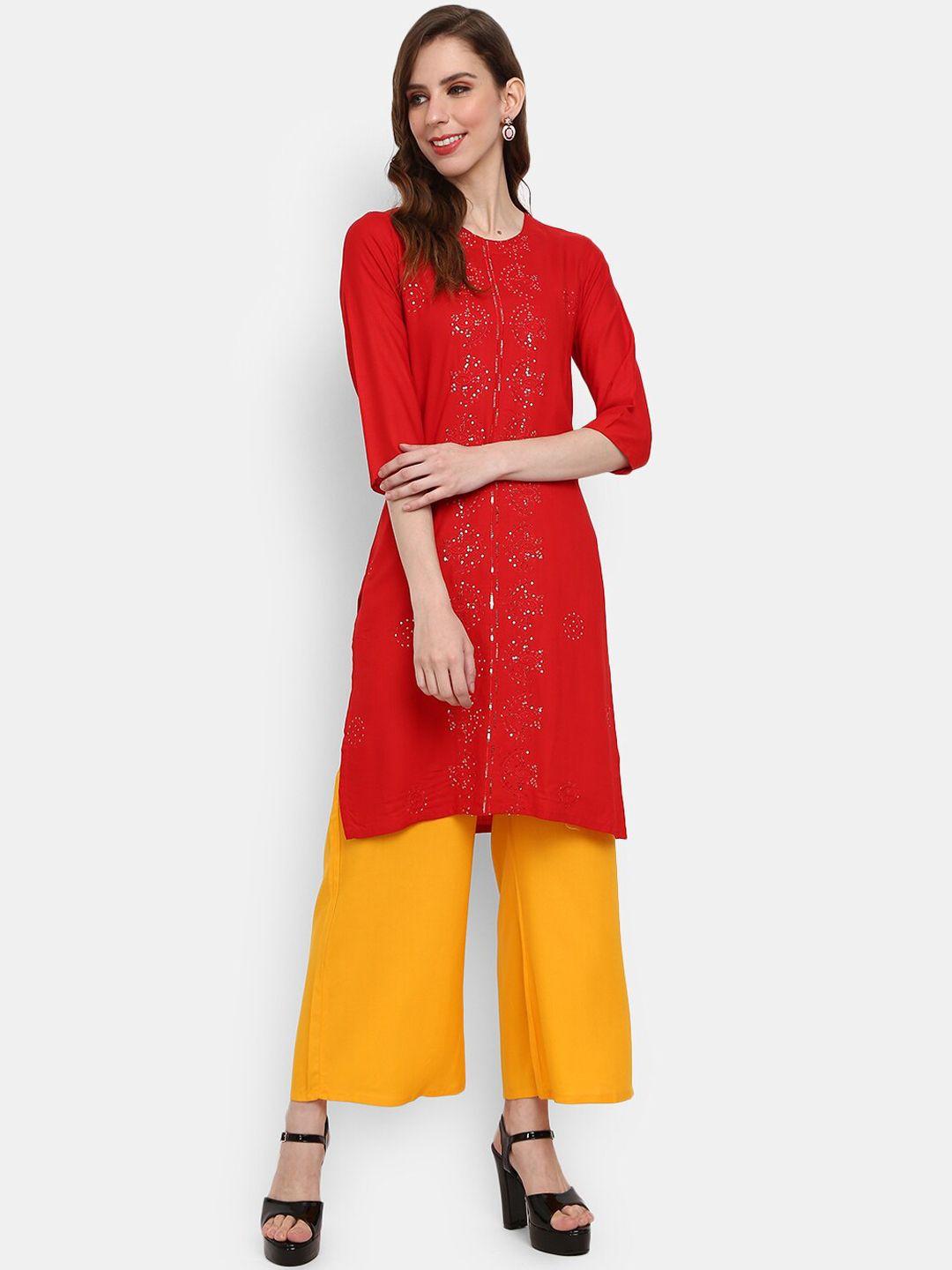 v-mart women red embellished thread work round neck kurta