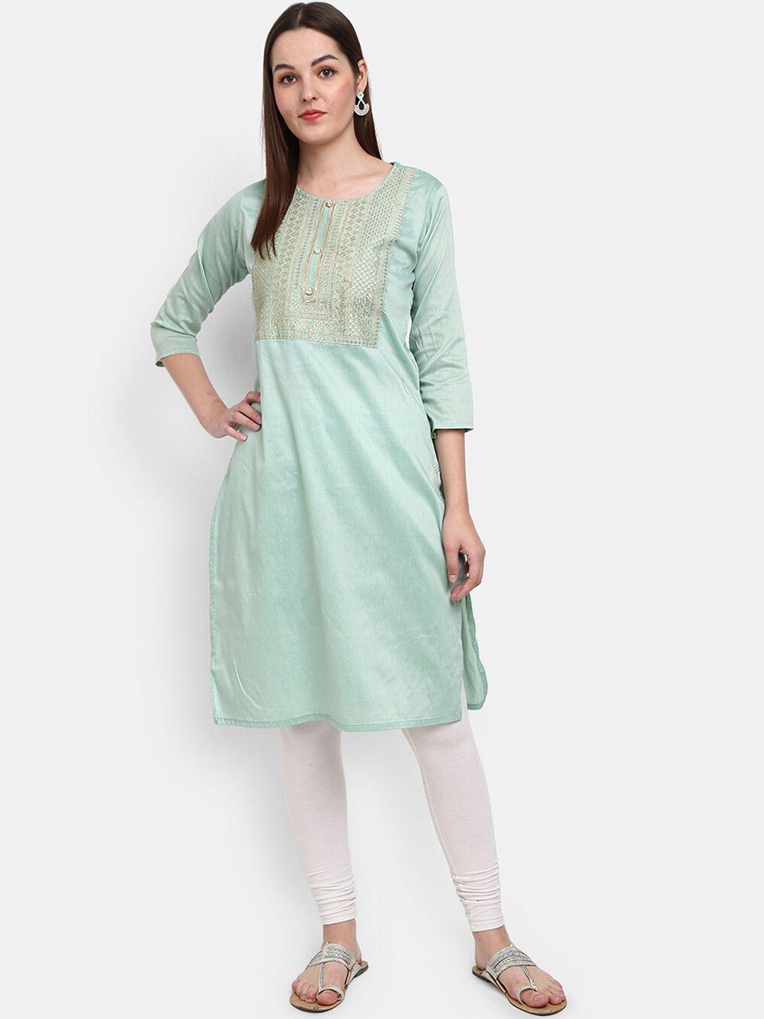 v-mart women sea green ethnic motifs embroidered cotton kurta
