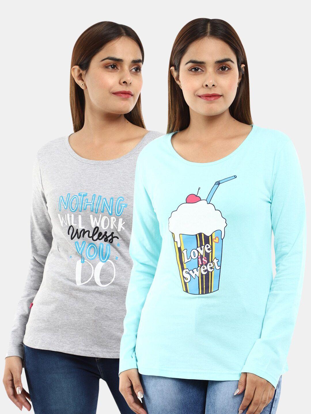 v-mart women western pack of 2 grey, aqua printed single jersey round neck top