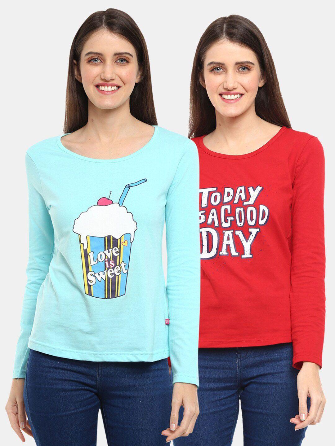 v-mart women western pack of 2 red, aqua printed single jersey round neck top