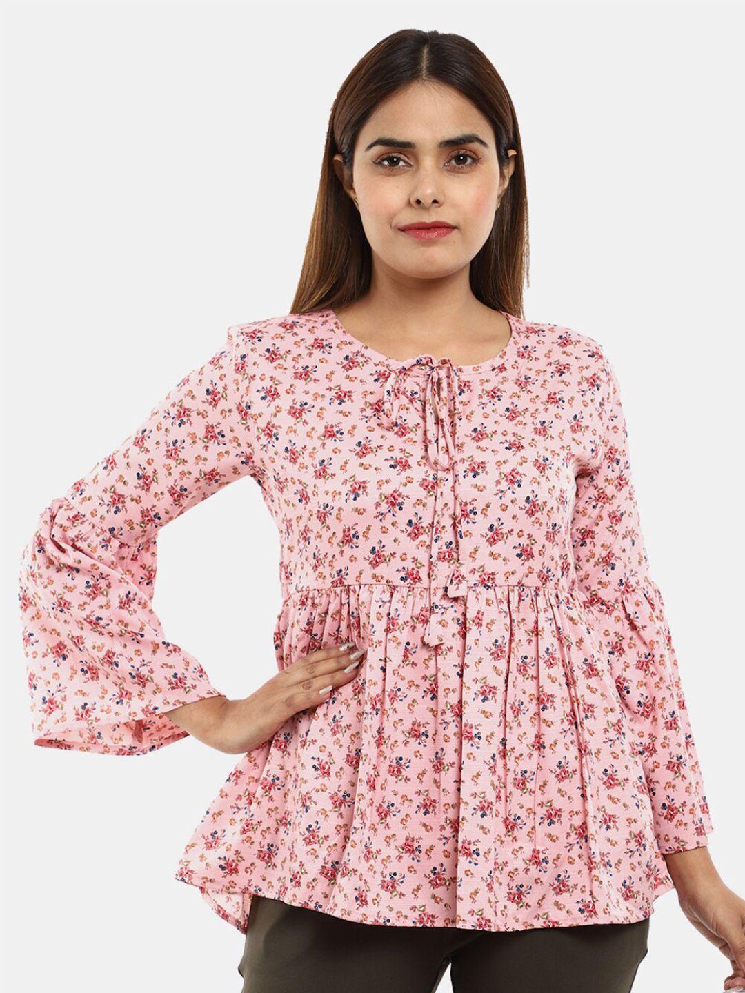 v-mart women western pink floral print rayon round tie-up neck empire top