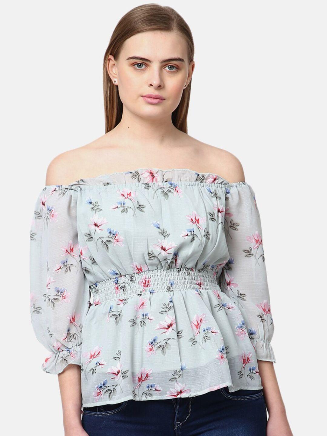 v-mart women western sea green floral print off-shoulder bardot top