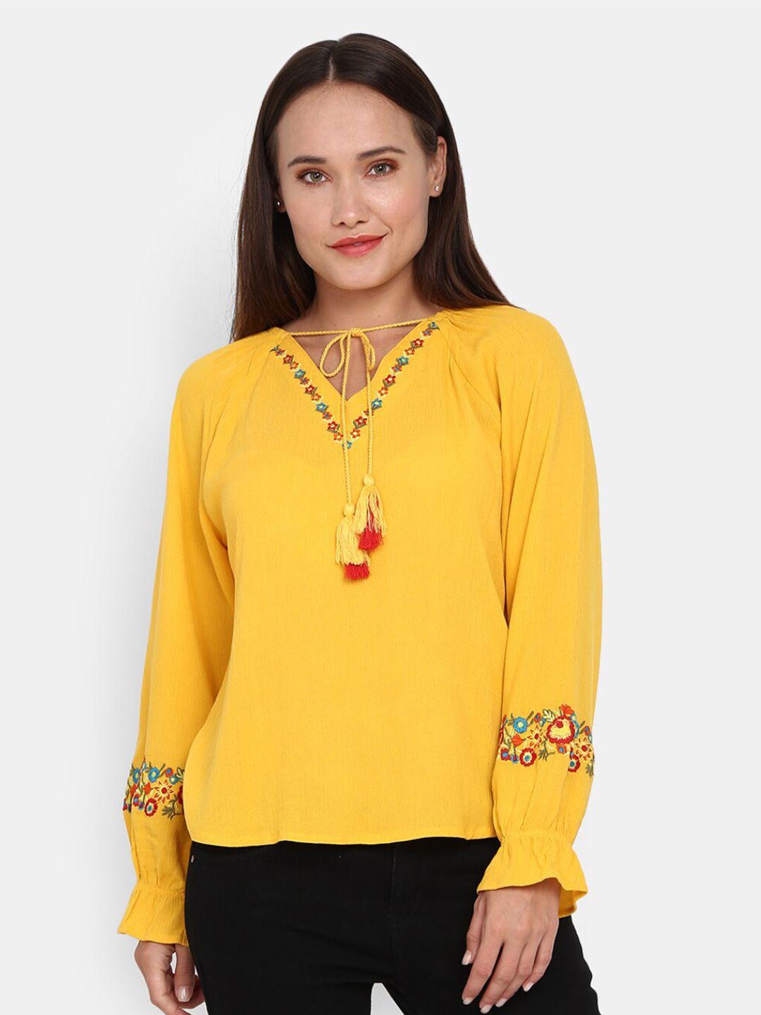v-mart women western self design mustard yellow embroidered tie-up neck top