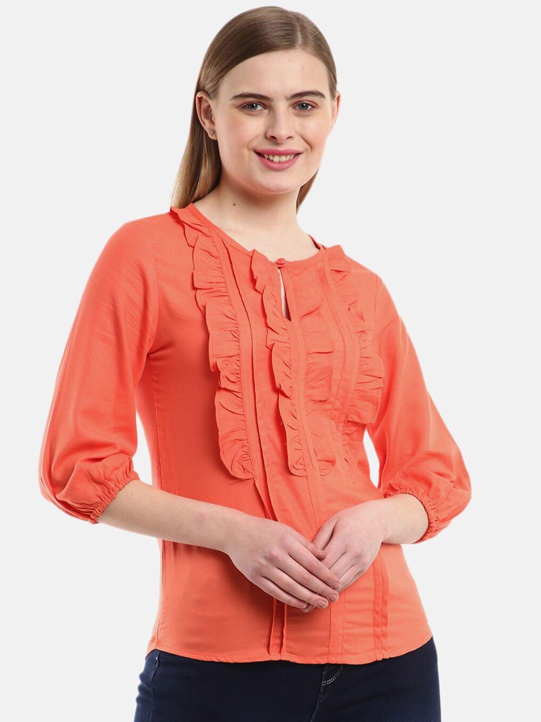 v-mart women western solid coral keyhole neck ruffled top