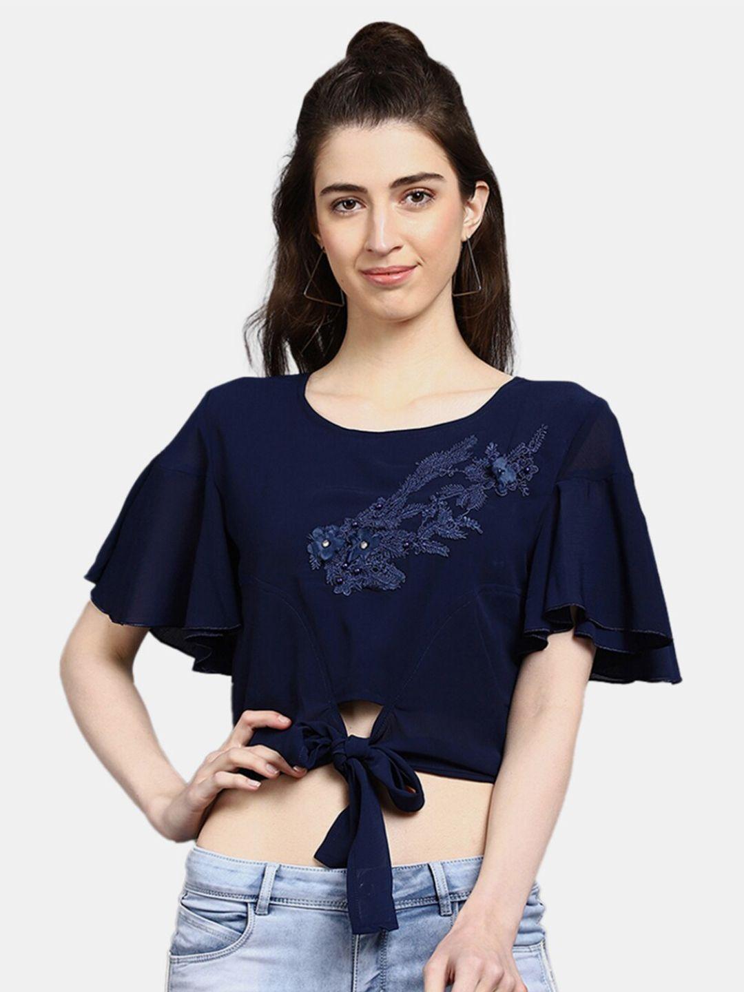 v-mart women western solid navy blue floral embellished crop top