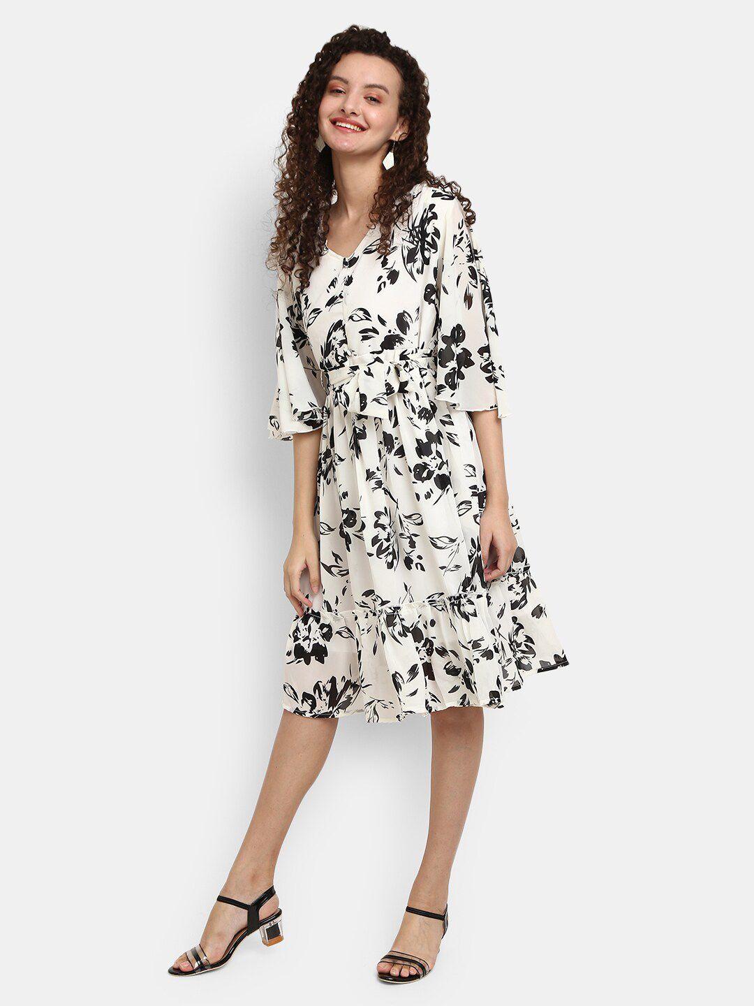 v-mart women white & black floral printed midi cotton dress