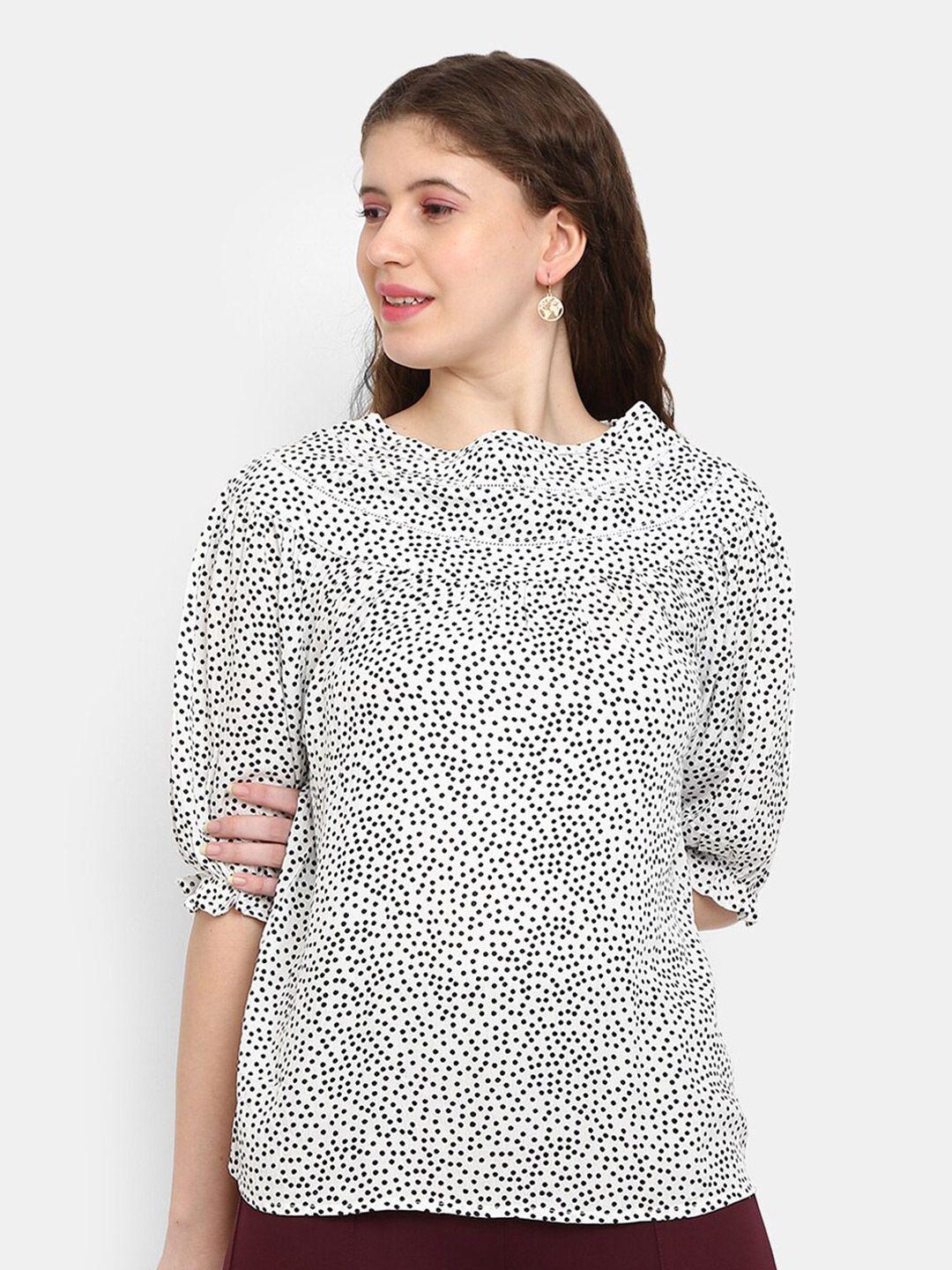 v-mart women white & black polka dots printed pure cotton top