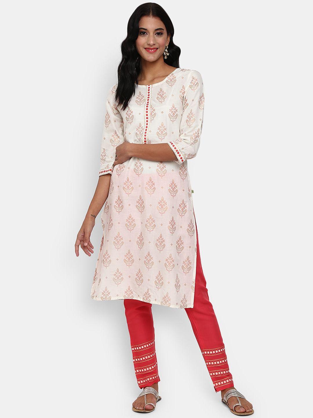 v-mart women white ethnic motifs printed kurta with trousers