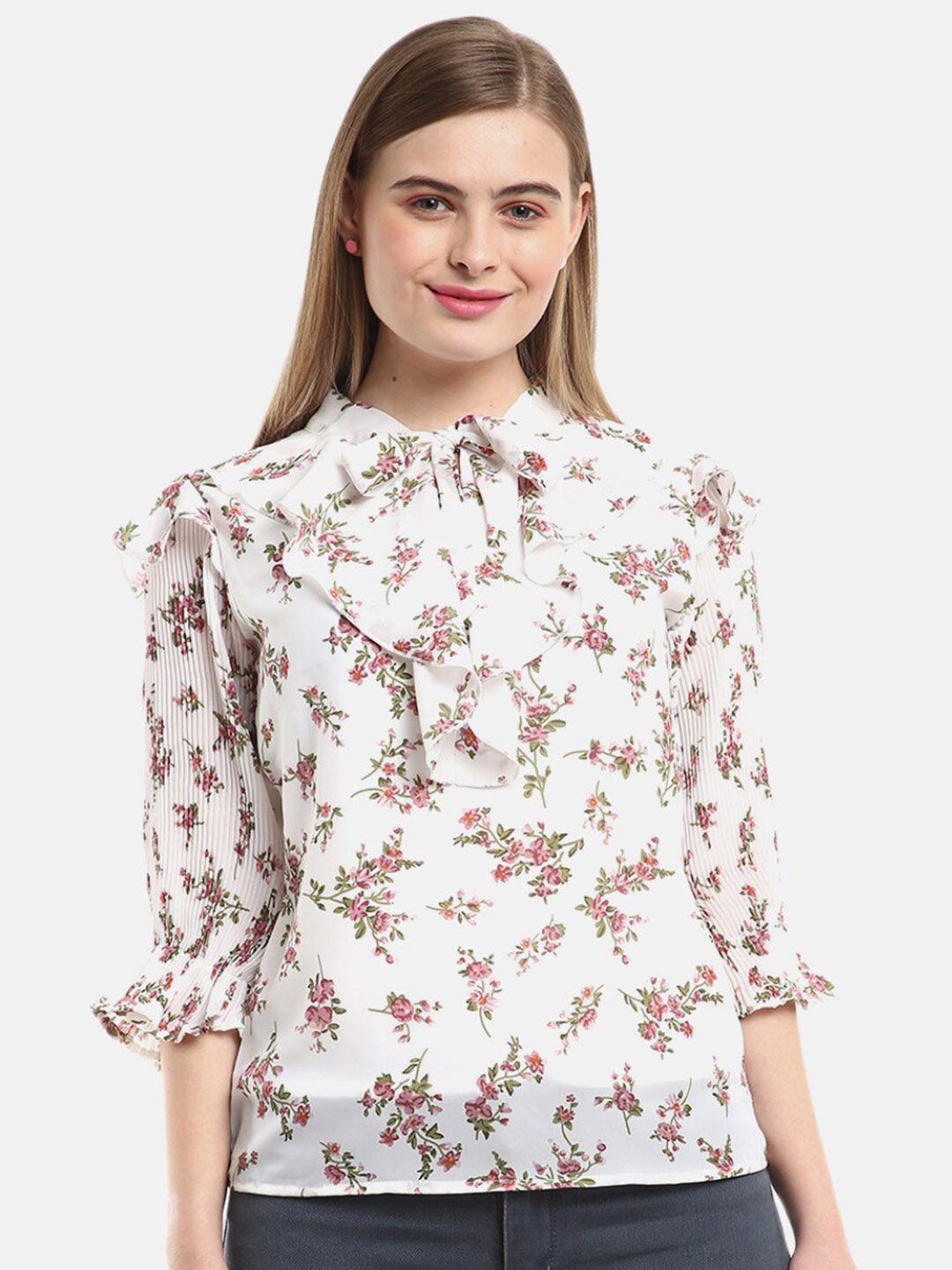 v-mart women white floral print tie-up neck top