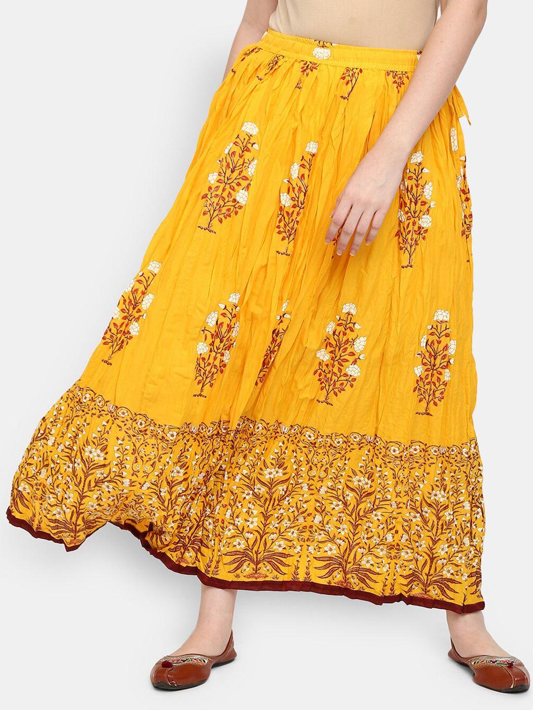 v-mart women yellow & maroon floral printed pure cotton flared skirt