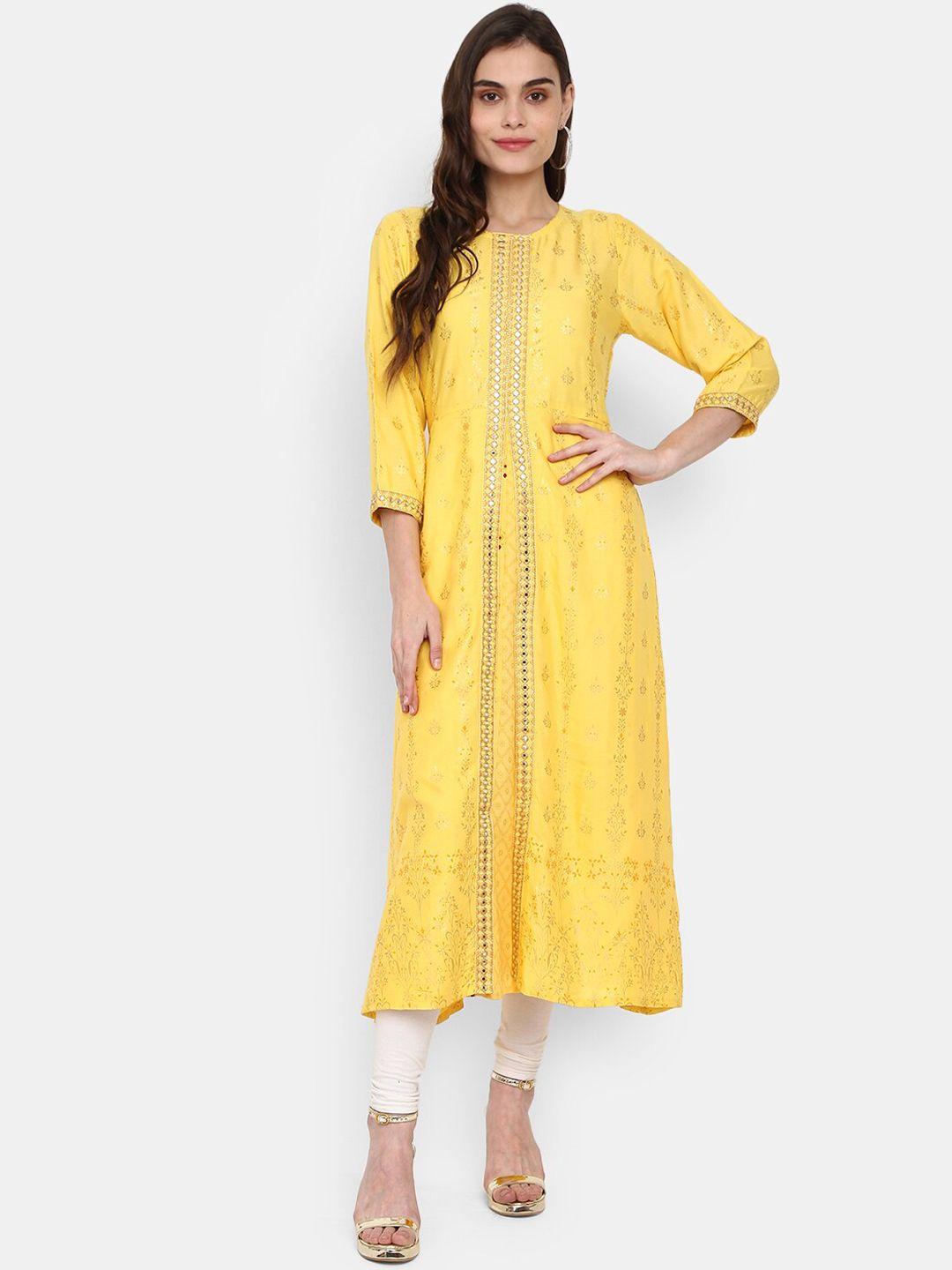 v-mart women yellow & naples yellow embroidered kurta
