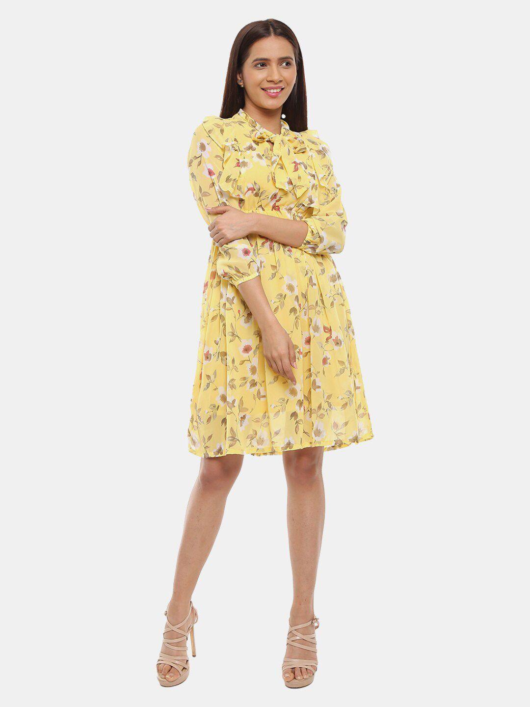 v-mart yellow floral tie-up neck satin dress