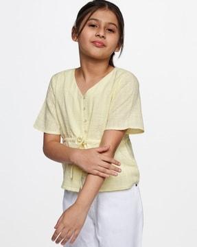 v-neck button-down top with drawstring waist