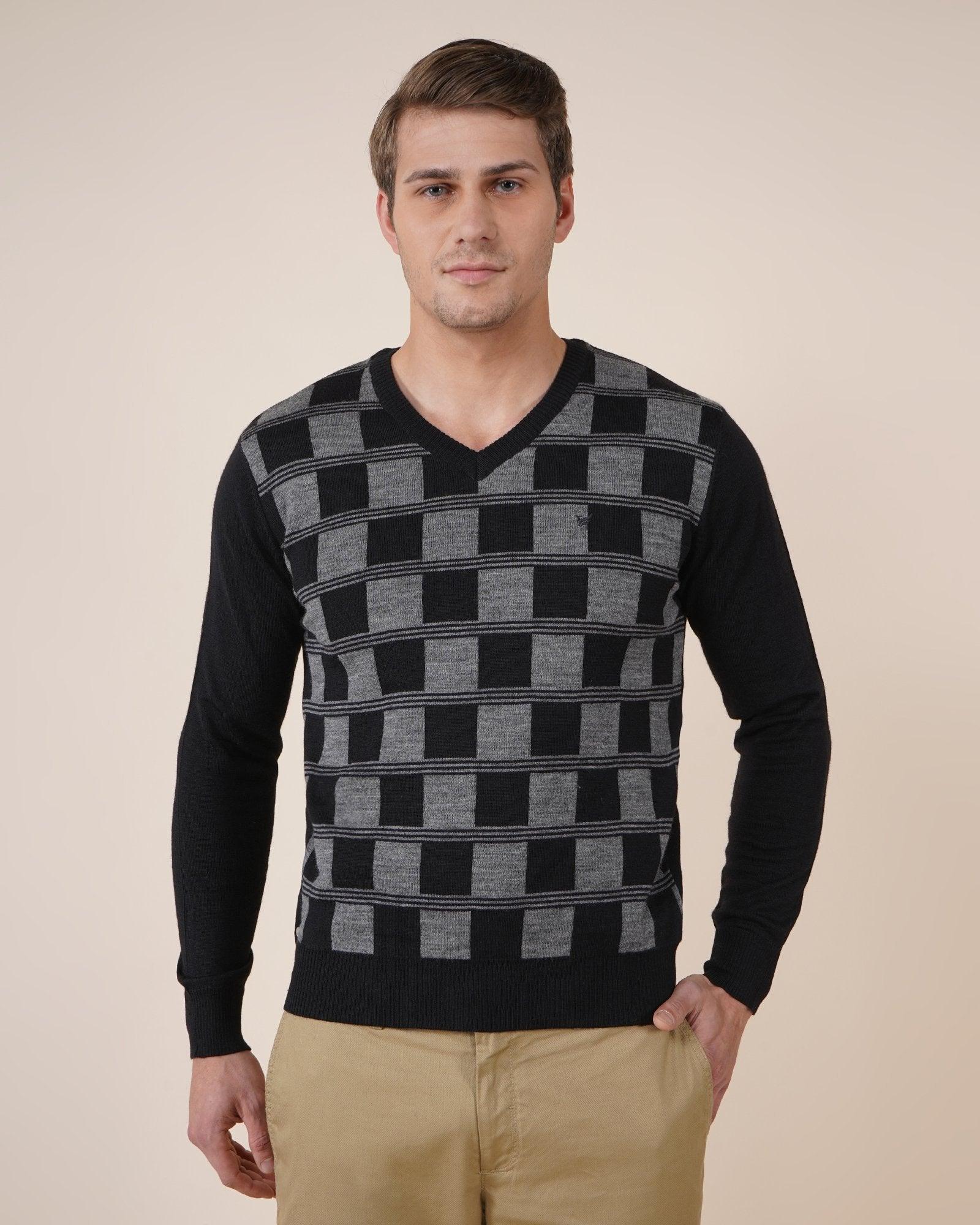 v-neck jet black textured sweater - ignea