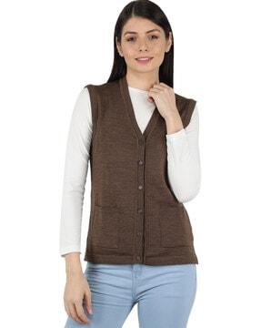 v-neck sleeveless cardigan with patch pockets