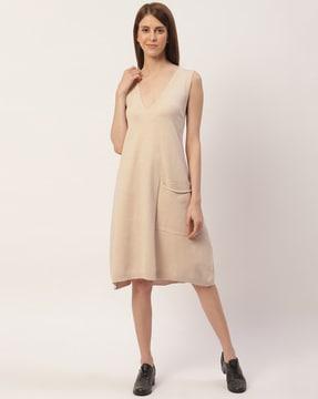 v-neck a-line dress with patch pocket