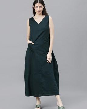 v-neck a-line dress with patch pockets