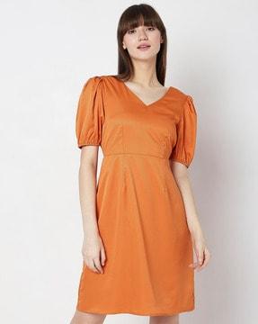 v-neck a-line dress with puff sleeves