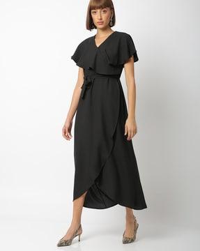 v-neck a-line wrap dress with fabric belt