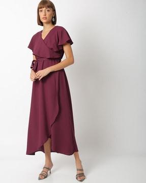 v-neck a-line wrap dress with fabric belt