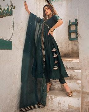 v-neck angrakha kurta with pants & dupatta