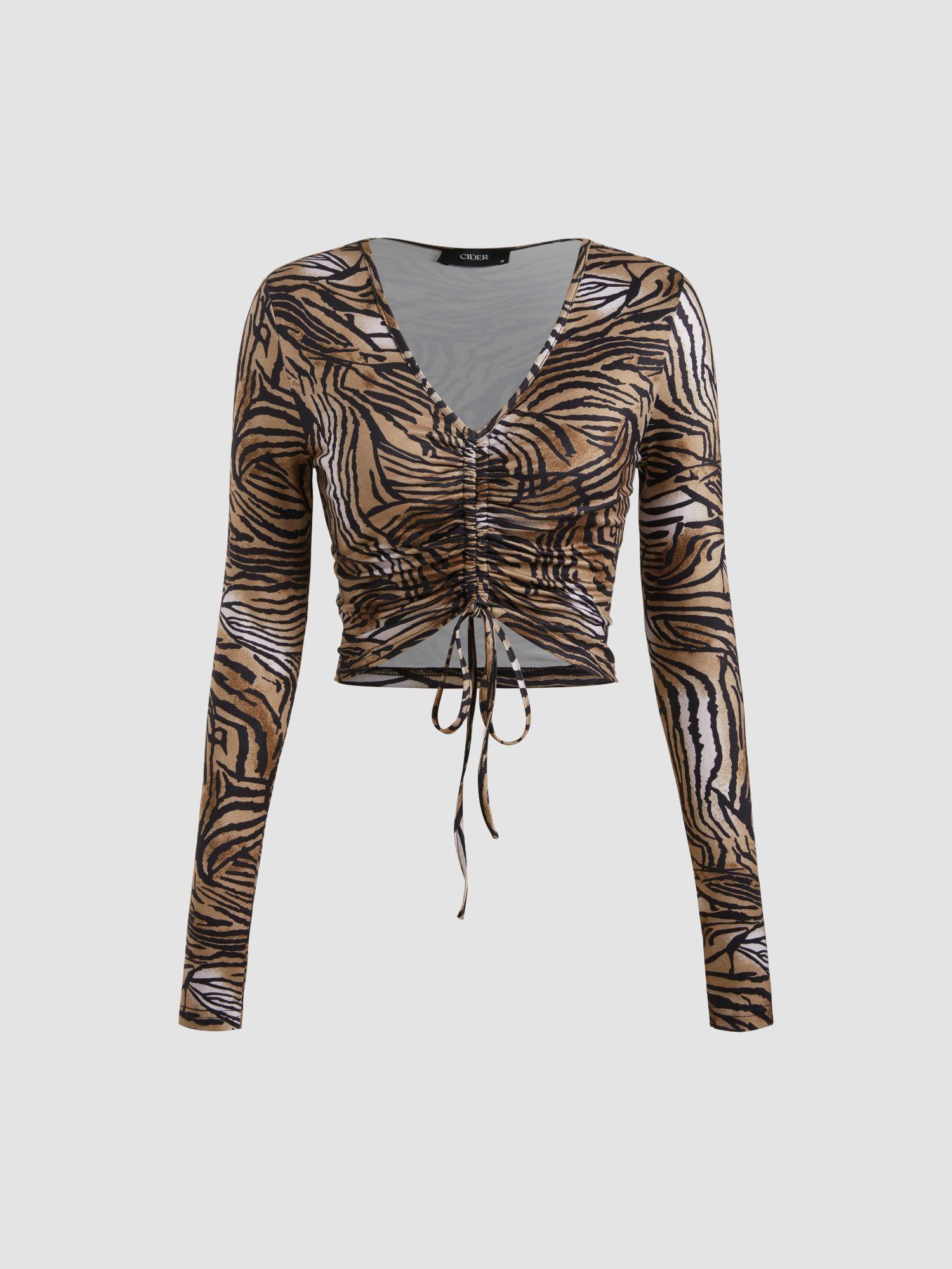 v neck animal zebra striped drawstring long sleeve top