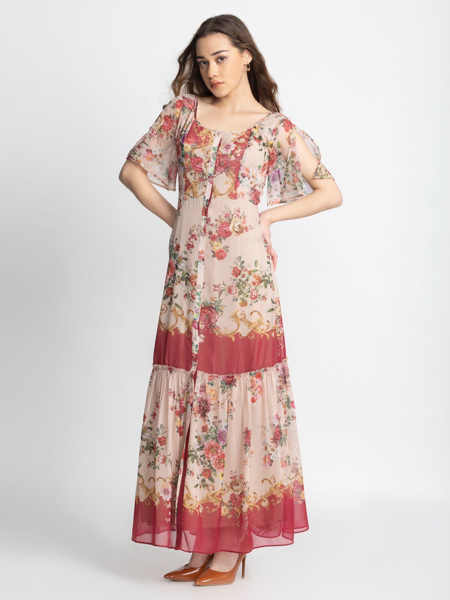 v-neck beige and maroon floral short sleeves casual dress for women