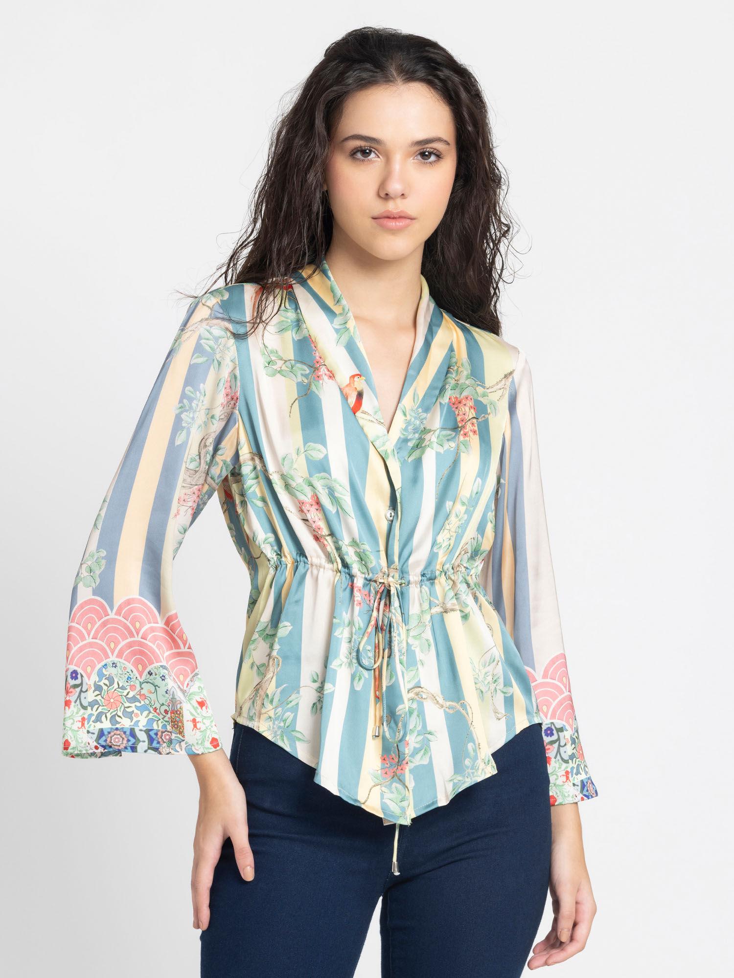 v-neck beige floral printed full sleeves casual shirt for women