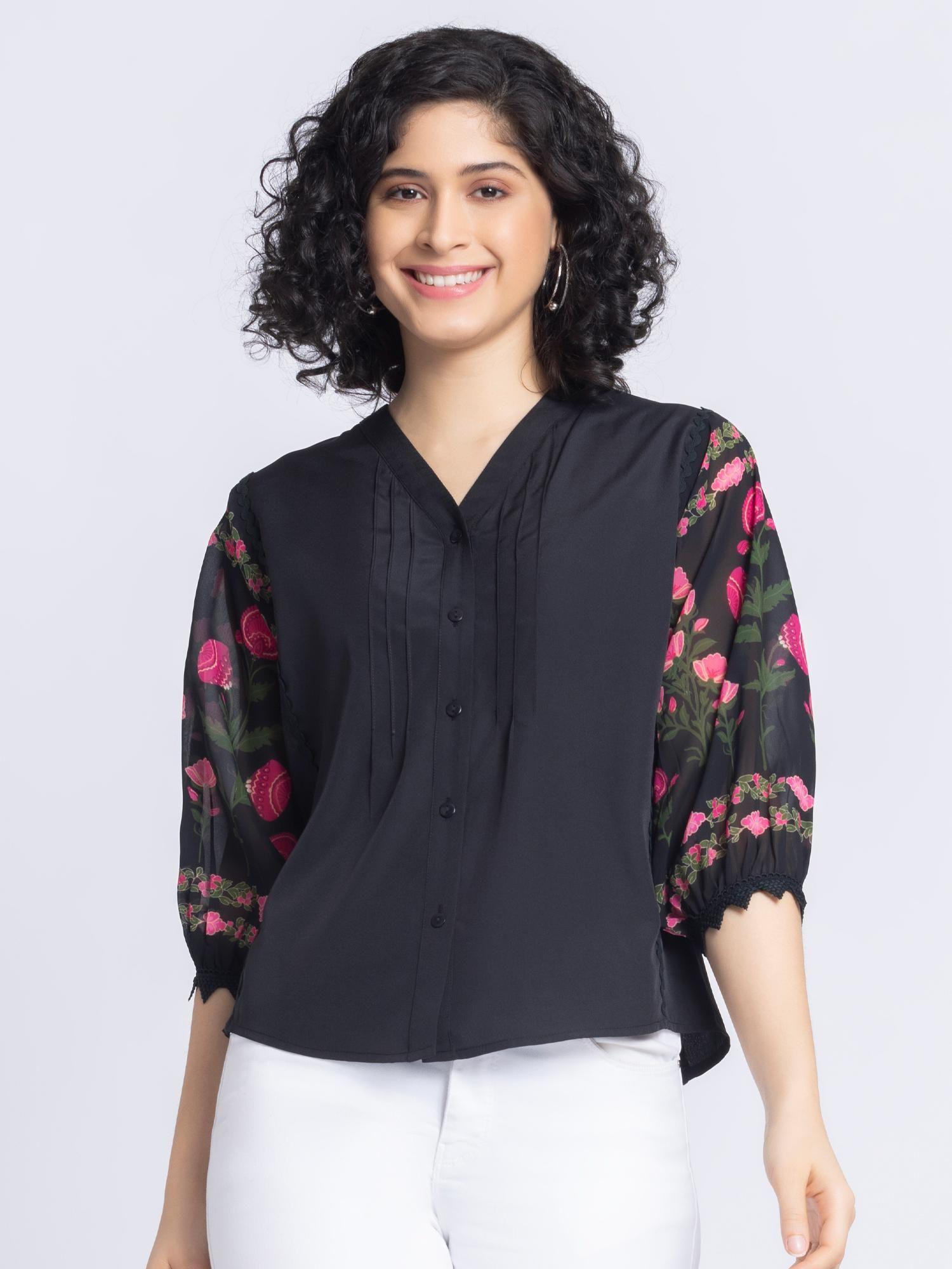 v-neck black floral print three-quarter sleeves casual shirt for women