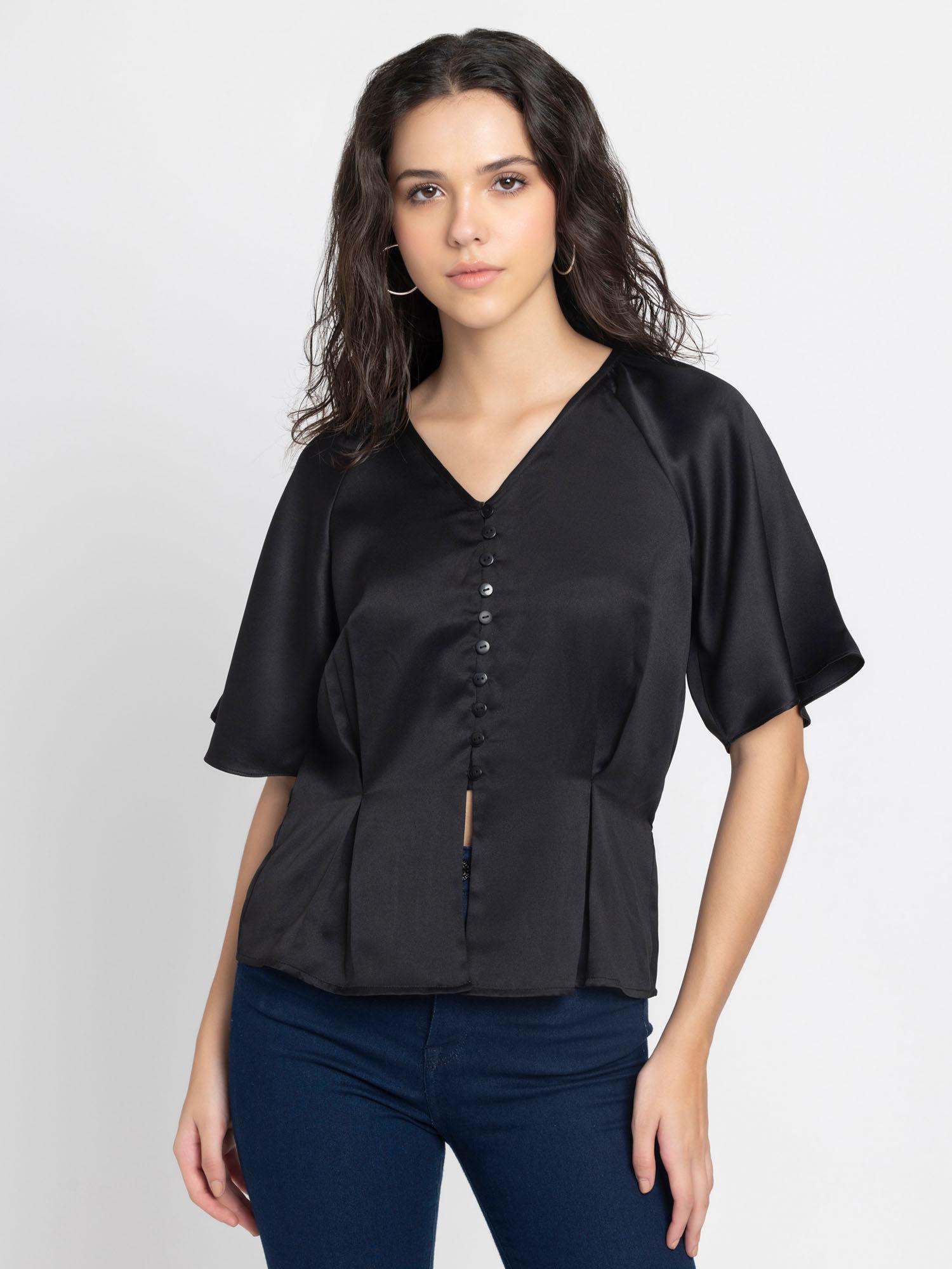 v-neck black solid half sleeves casual top for women