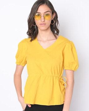 v-neck blouse with drawstring waist