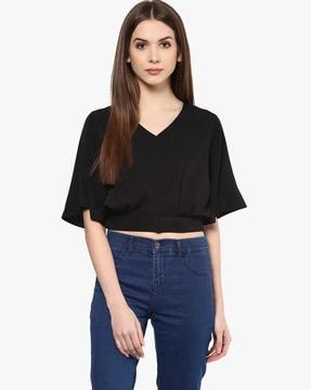 v-neck blouson crop top with flared sleeves