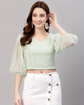 v-neck blouson top with puff sleeves
