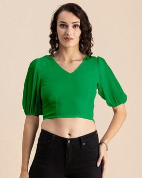 v-neck blouson top with puffed-sleeves