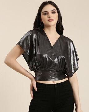 v-neck blouson top with tie-back