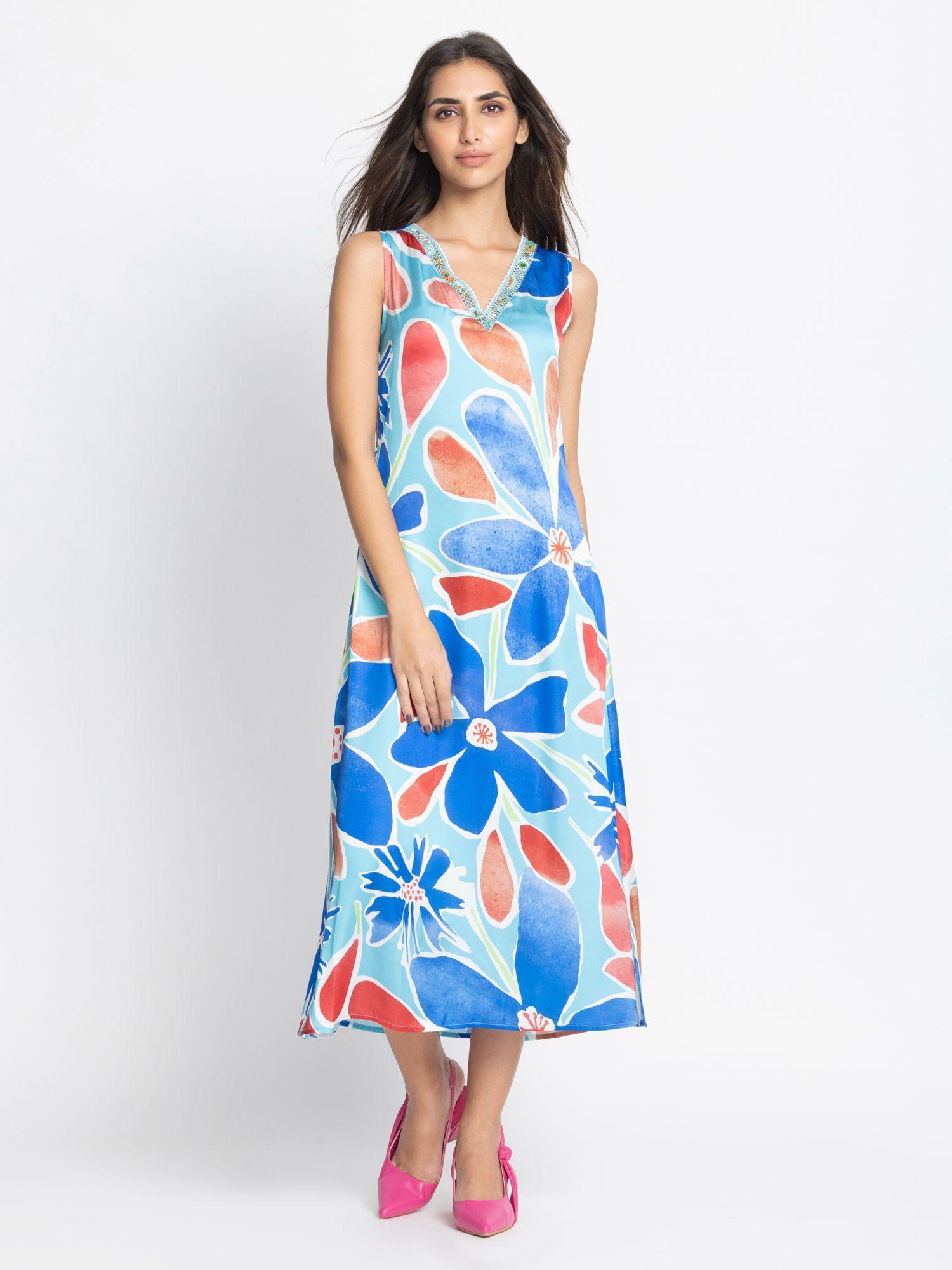 v-neck blue and red printed sleeveless casual dress for women