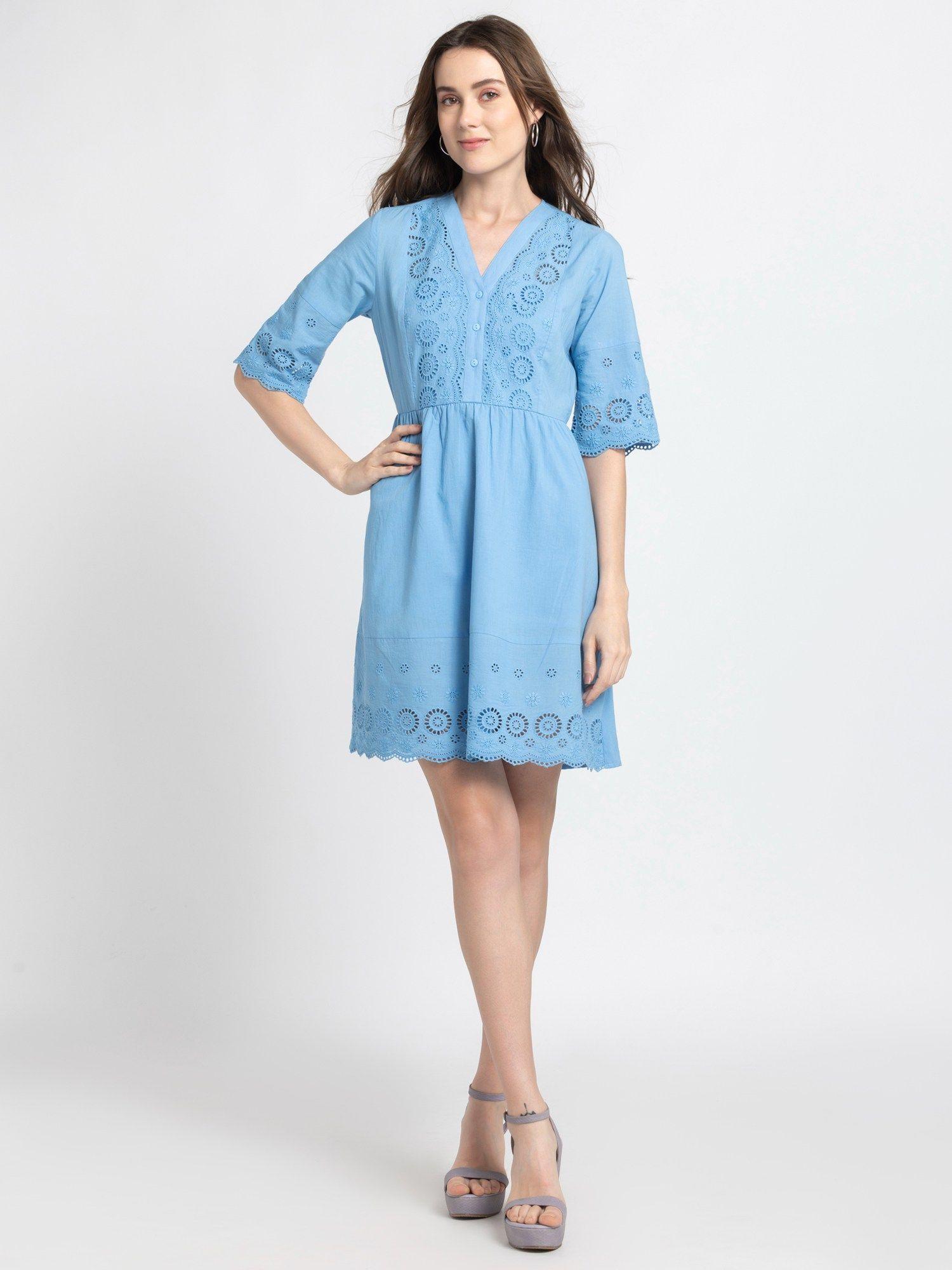 v-neck blue embroidered half sleeves casual mini dress for women