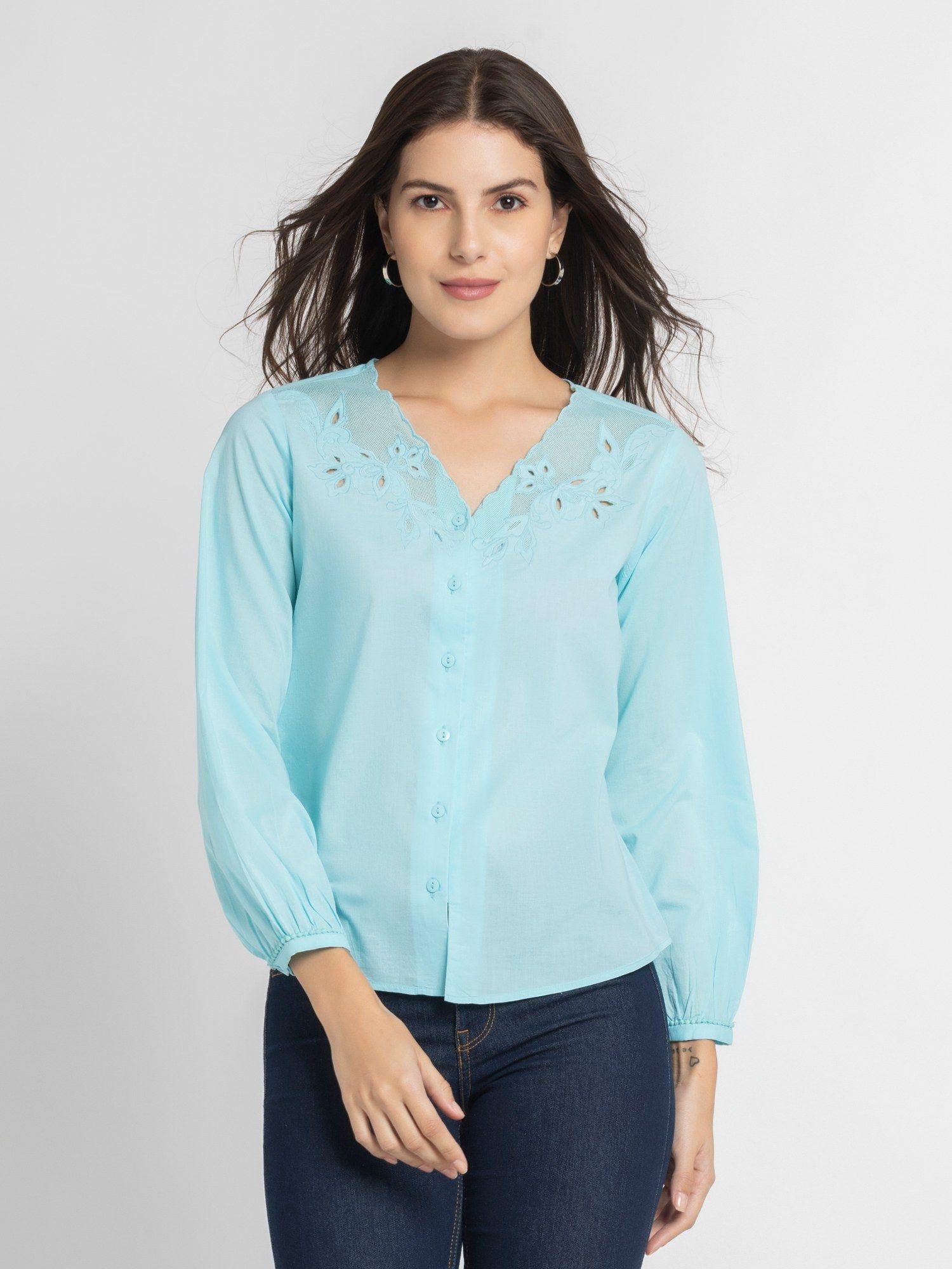 v-neck blue embroidered three-quarter sleeves casual top for women