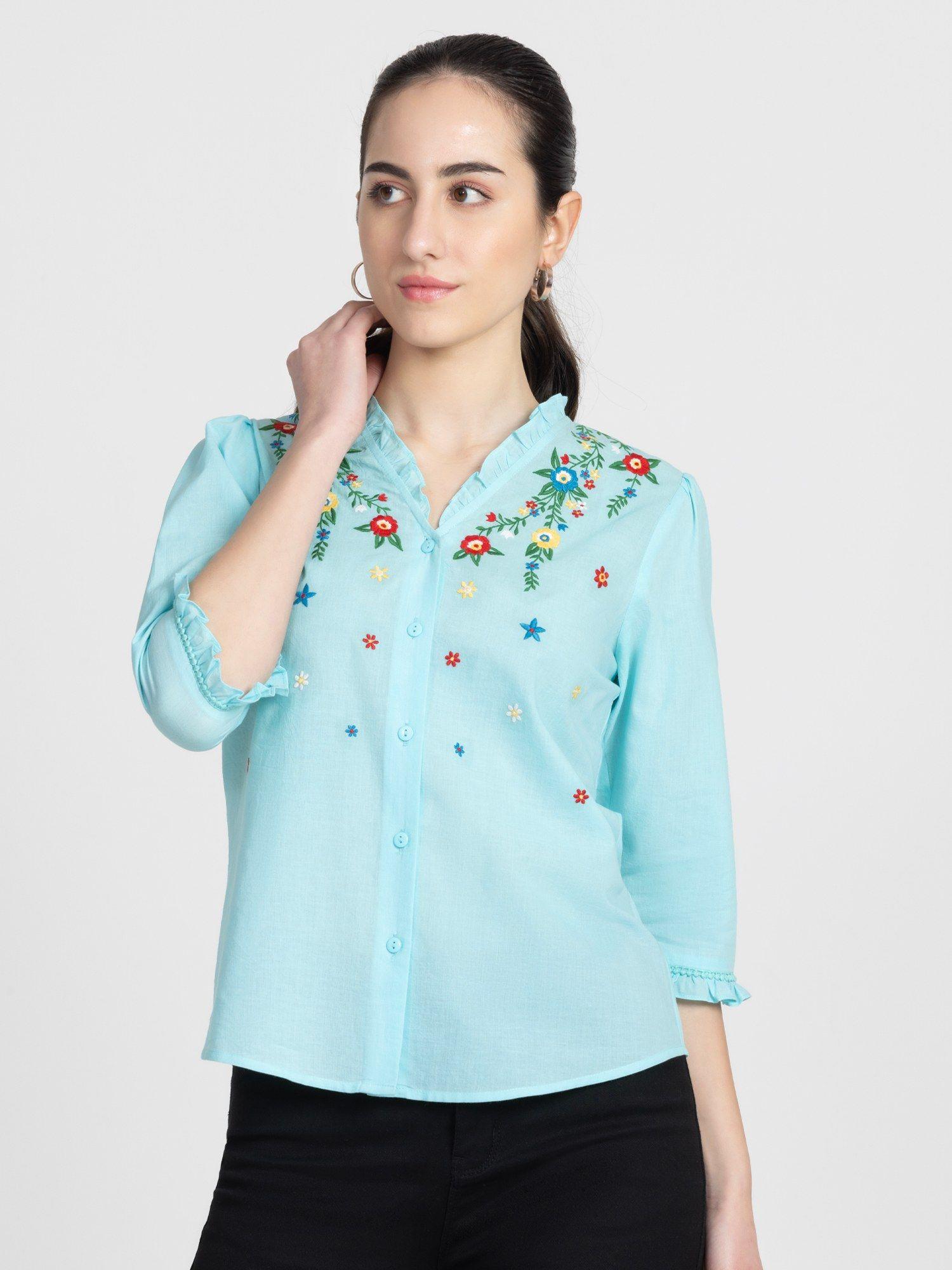 v-neck blue embroidered three-quarter sleeves casual top for women