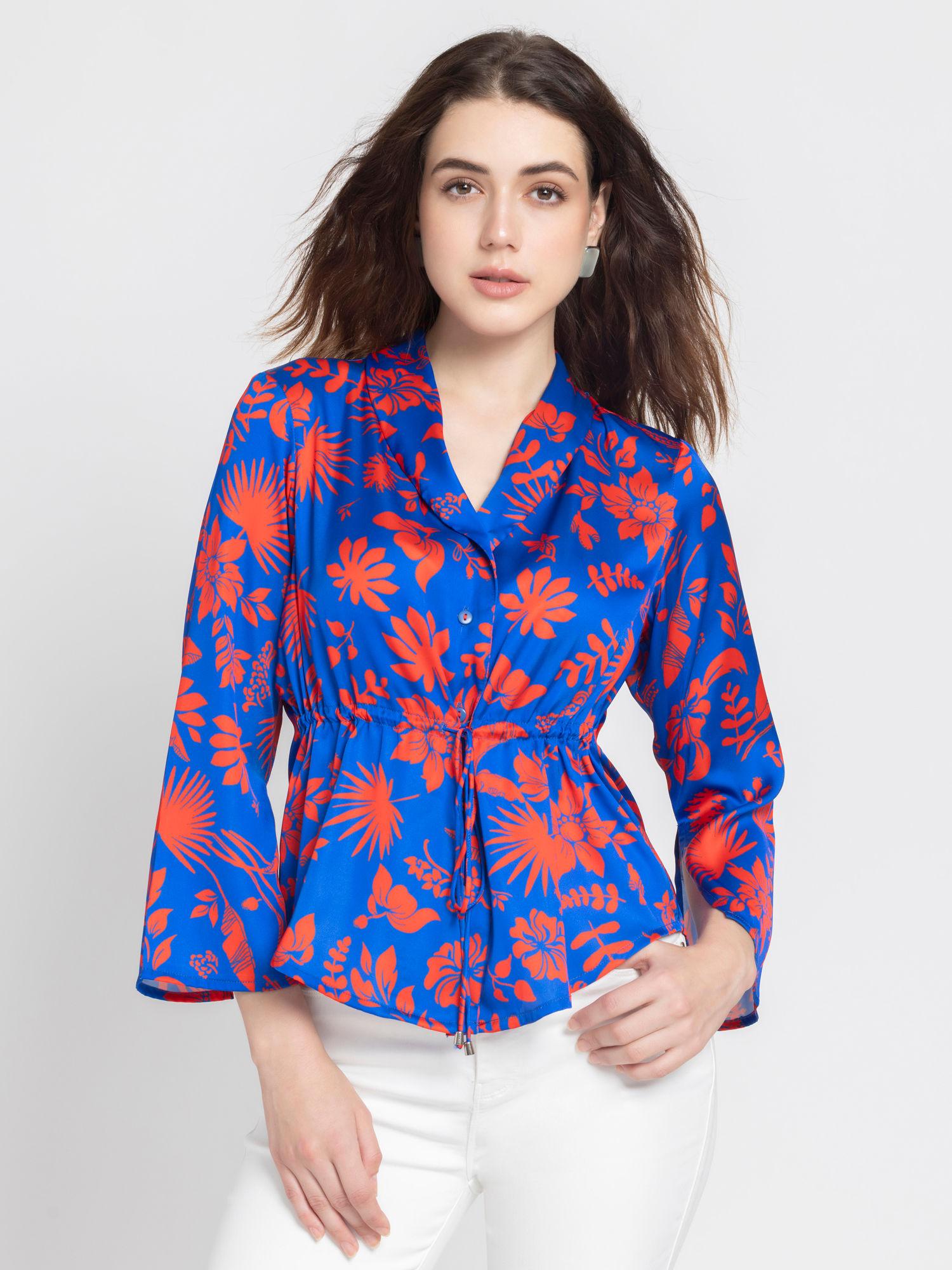 v-neck blue floral print three quarter sleeves casual shirt for women