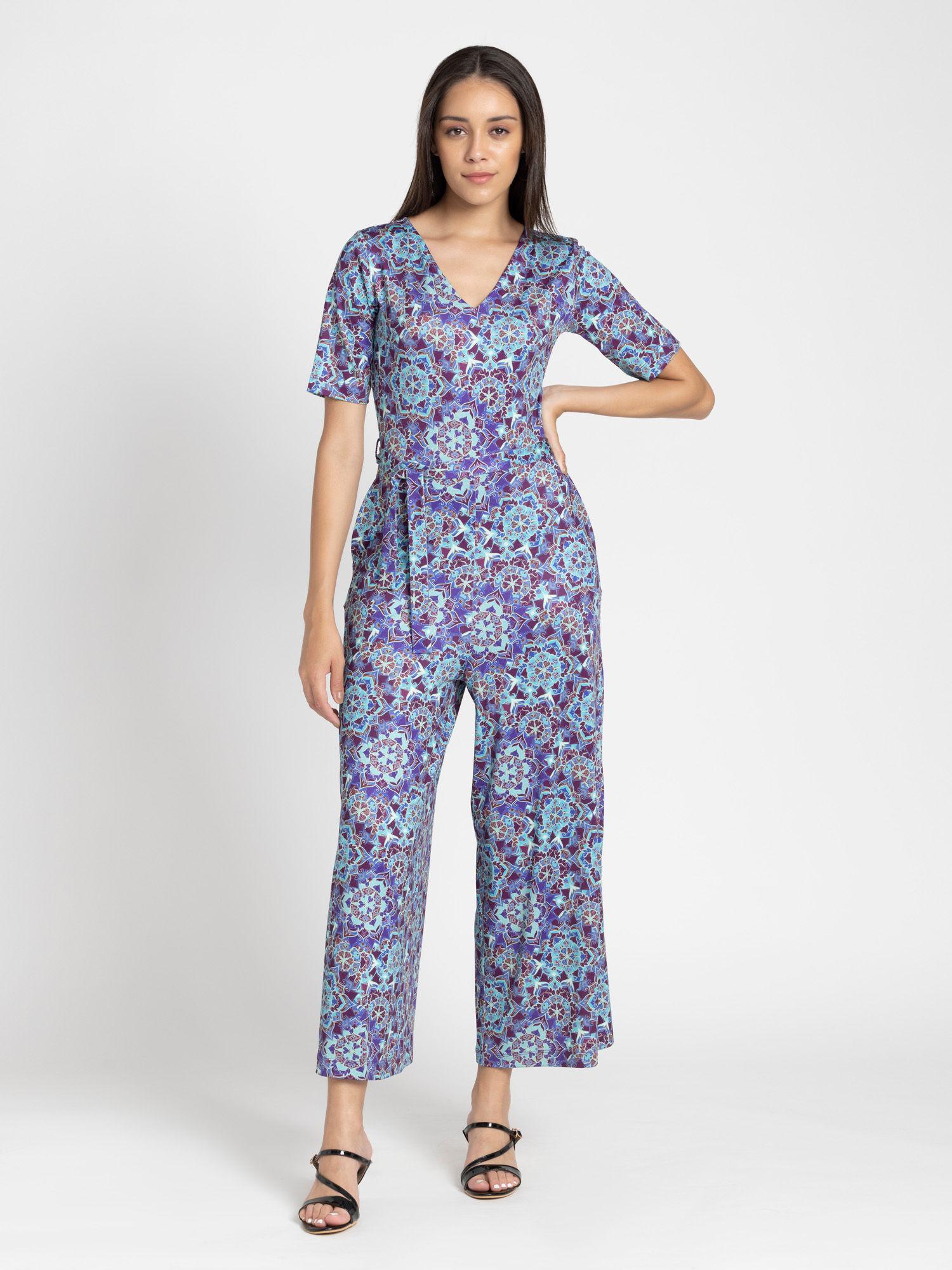 v-neck blue printed short sleeves casual jumpsuit with belt for women (set of 2)