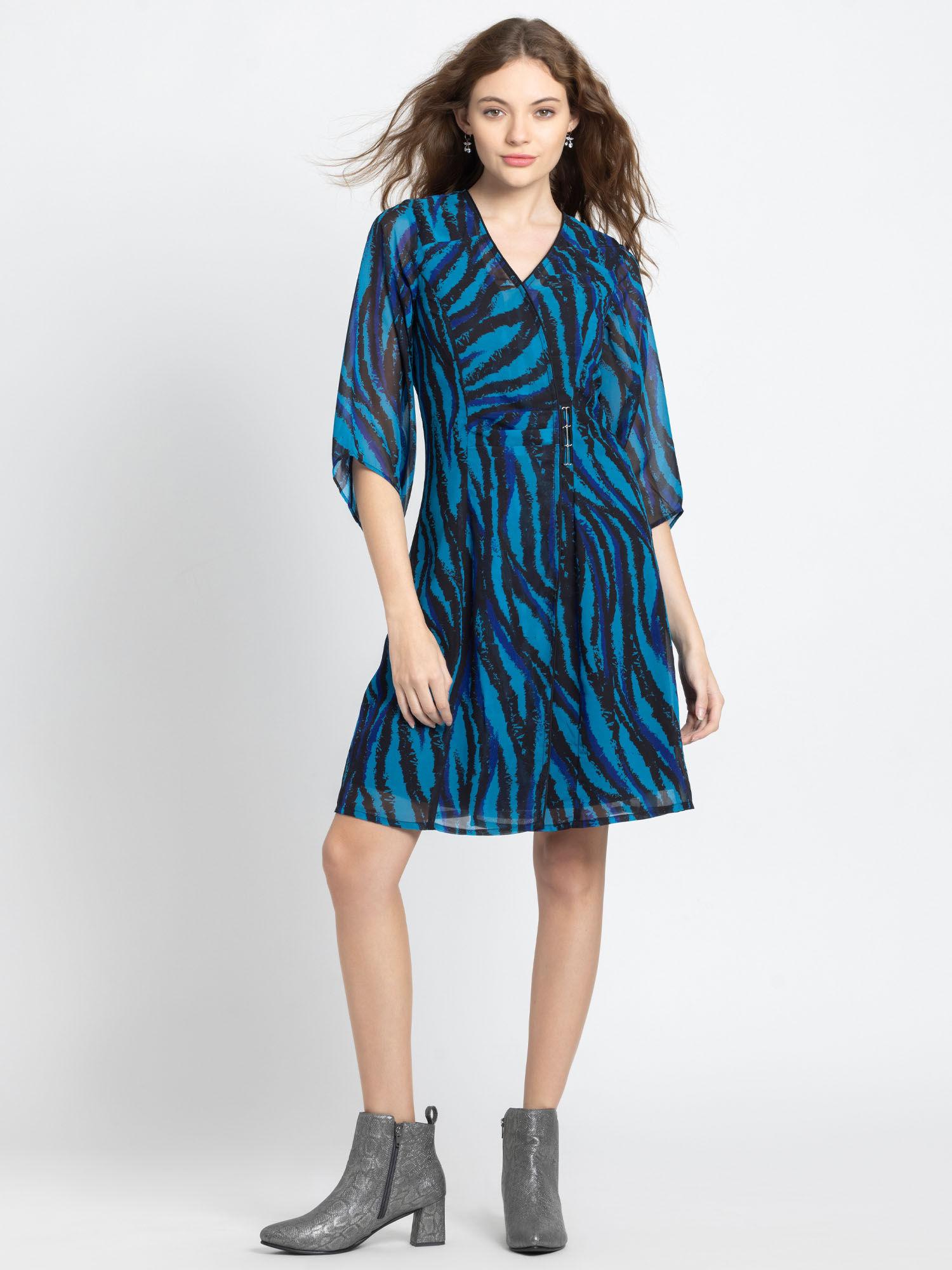 v-neck blue printed three fourth sleeves party dress for women