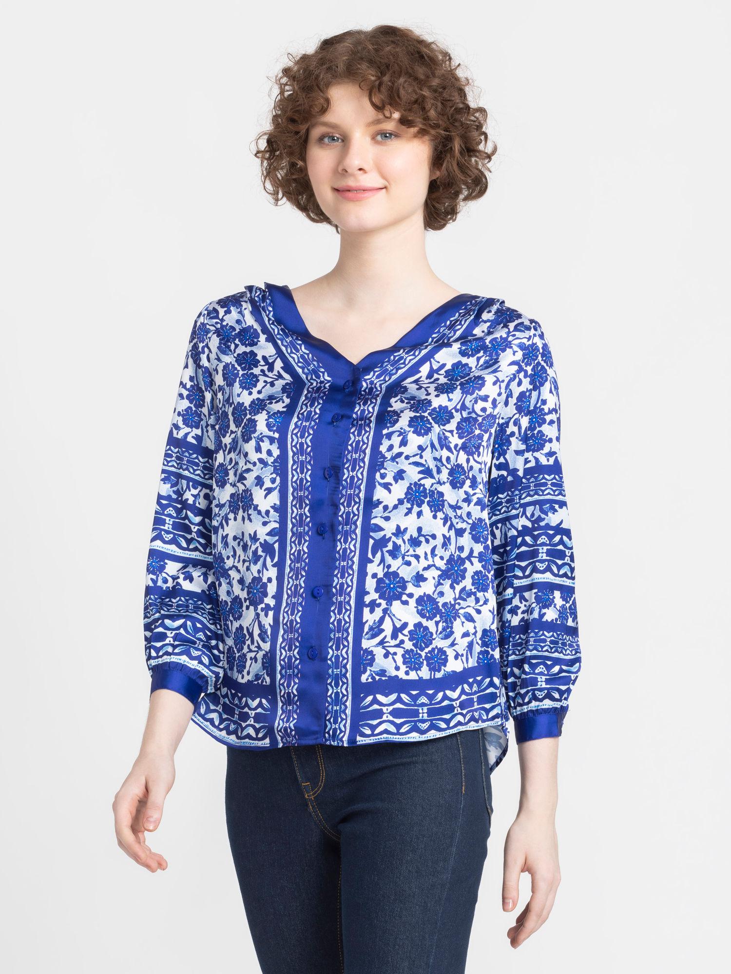 v neck blue printed three quarter sleeves casual top for women