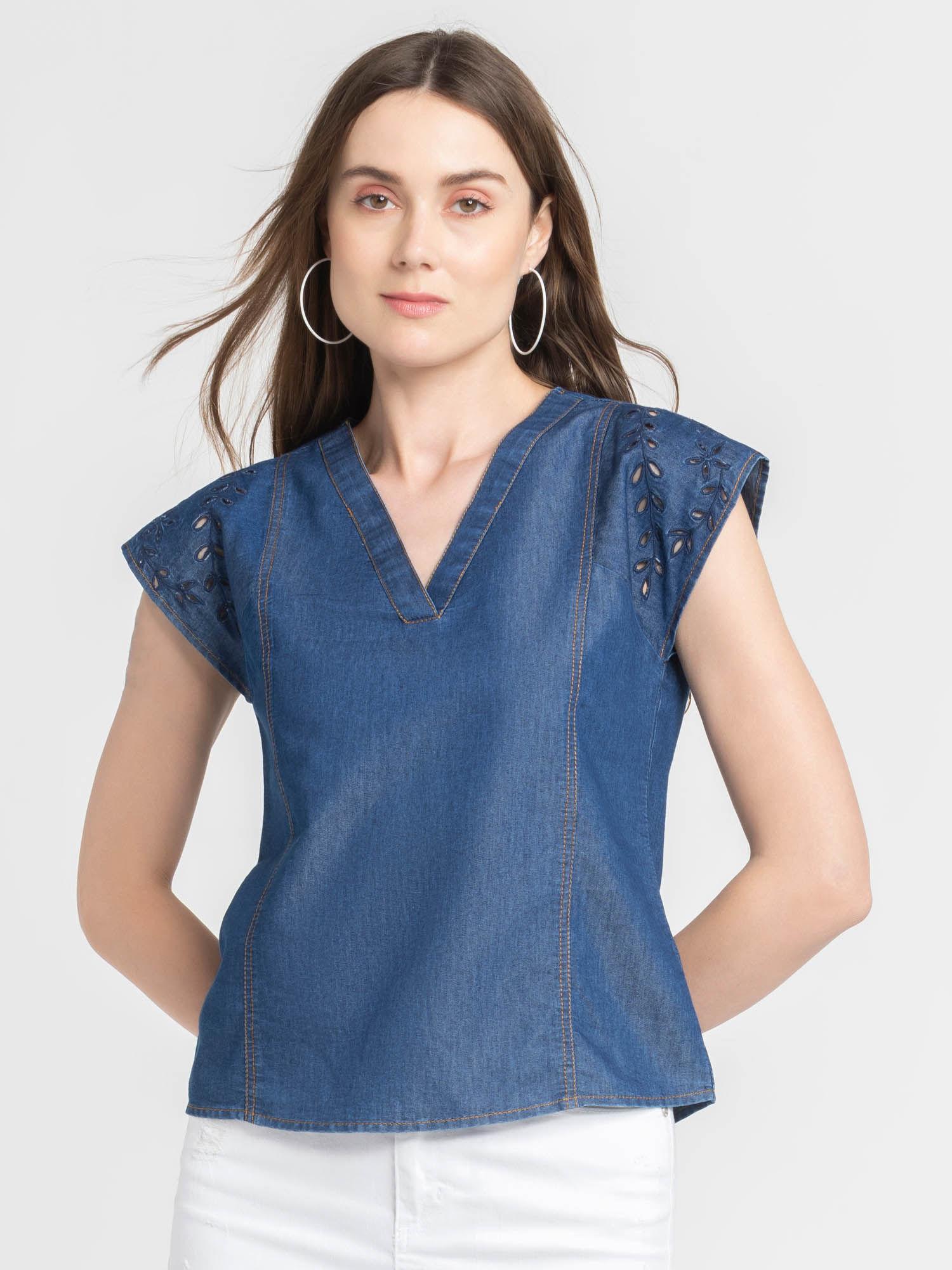 v-neck blue solid short sleeves casual top