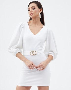 v-neck bodycon dress with puff sleeves