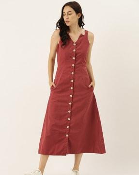 v-neck button-down a-line dress