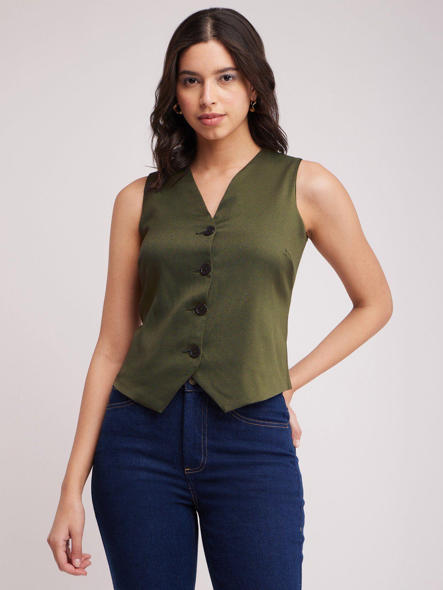 v neck button down vest top - olive